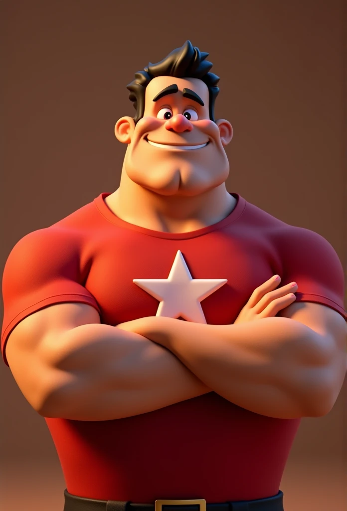 Cartoon character of a strong man with a round face, arms crossed and wearing a completely red shirt with a star on his chest, animation character, stylized character, animation style rendering, 3d stylized, Arnold Maya rendering, Stylized 3D rendering, toon render screenshot, 3d character, 3d character, Stylized 3D rendering, 3D character rendering, cartoon character, Personagem de close up, character posing,  (Pixar-style) (master part:1.2) (bokeh) (best qualityer) (skin detailed) (detailed texture) (8k) (Argilla) (cinematic lighting) (sharp focus
