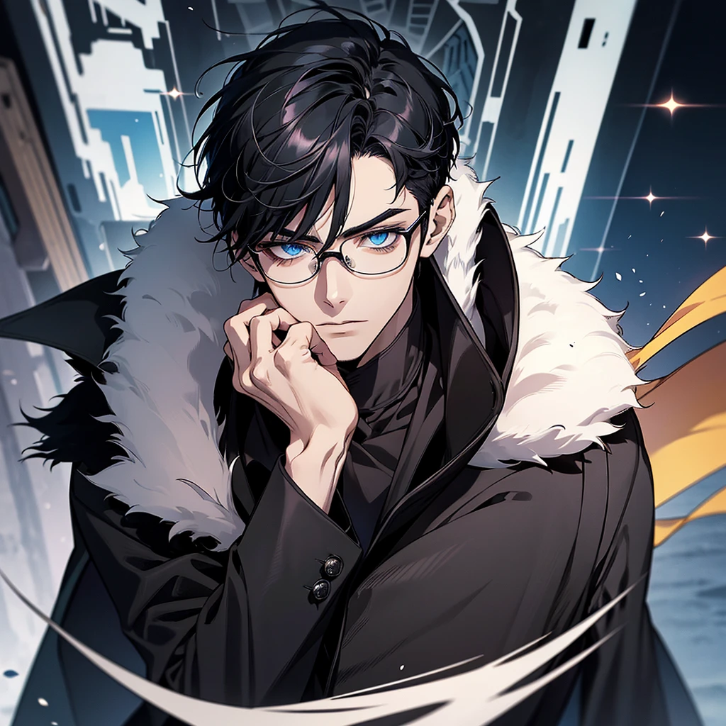 Masterpiece, High quality, Portrait, anime style, Sole seller,3 young man, หน้าตาhandsome, glowing eyes, Tall anime guy with blue eyes., black short hair, ((blue eyes)),Wearing silver-rimmed glasses, ((short black hair)), [Thick eyebrows], ((black long coat)), ((all black)), (blue eyes) , handsome , Facial expressions, black knight armor , black fur shawl(Masterpiece,best quality,special, (Broad shoulders)) (muscle),The background is the sea.,Adventure Cruise