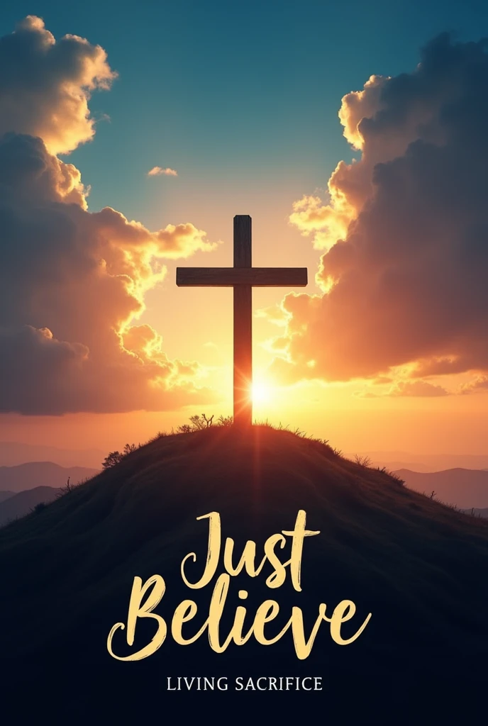Create a 1080x1080 CD cover for a Christian band with the name "Living Sacrifice Band". in Brazilian PortugueseThe band name should be in smaller letters at the bottom of the cover. The album title, "Just Believe", in Portuguese Brazil should be the main highlight, written in an elegant, modern font in large, clearly visible letters.

Elementos visuais:

Empty Cross on a Hill: Include an empty cross positioned on top of a mound, with a light effect highlighting the cross. The light must come from behind the cross, creating a dramatic, celestial lighting effect.

Background and Colors:

Use modern colors, like a combination of dark blue, doradas, orange and purple, to create a spiritual and inspiring atmosphere.
Consider using a sunset or sunrise sky to add depth and emotion to the background..
Additional Styles:

realistic model: A realistic scene with a cross prominently displayed under a dramatic sky.
Cartoon Illustration Style: A stylized drawing of the cross in a mountainous landscape, with a starry sky or at sunrise, for a more youthful and vibrant look.
Abstract Model: Use abstract shapes and vibrant colors to represent dynamism and movement, symbolizing faith and belief.
General Style:

Design should convey a sense of faith, Hope and spirituality.
The image must be in high resolution (4K) to ensure print sharpness and quality.