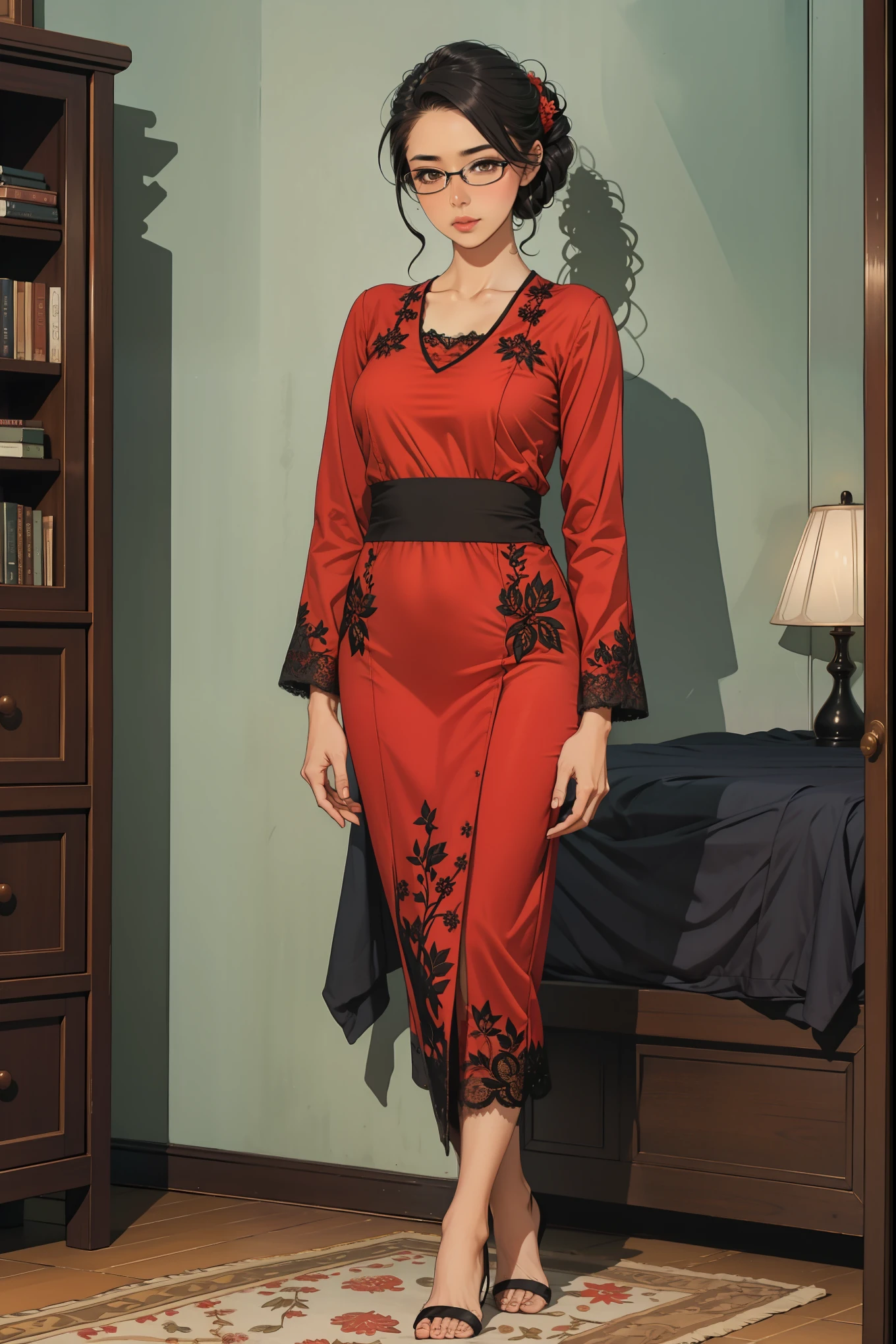 1 girl, black updo hair, glasses, tall girl, large breast, wearing traditional red and black lace kebaya , standing, inside bedroom, fullbody shot,, curios face, detail eyes, detail face, blushing, standing on floor, 