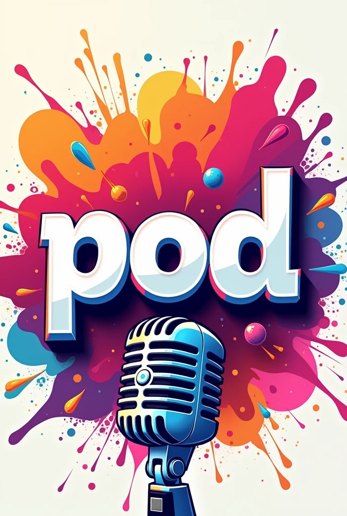 Background with bright colors and in the center written Pod without an accent on the word pod and then separate and place written in PORTUGUESE the word Army below in capital letters, withouth People, for a podcast cover, put a cartoon style microphone under the written thing. No fundo, just put some effects like white parts and etc., don't make a background with a real place