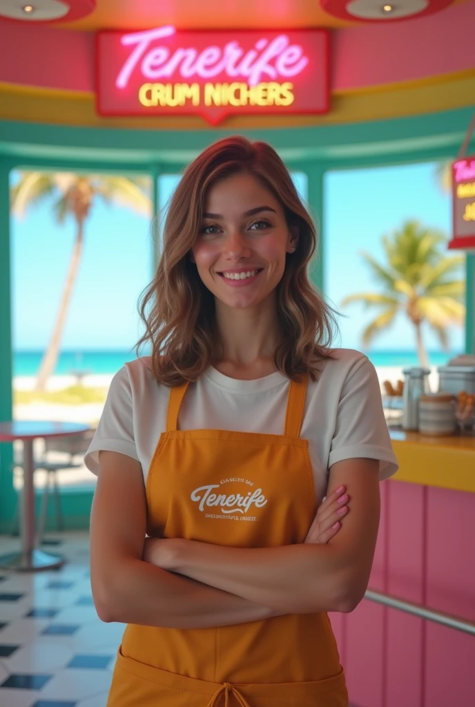 A highly realistic photograph of a young woman standing confidently in front of a vibrant, retro-themed fried chicken restaurant called 'Chicken Crunchers'. The woman, in her early twenties, has bright, expressive eyes and a warm, inviting smile without showing her teeth. Her shoulder-length hair is styled in loose waves, and she wears a clean, well-fitted uniform consisting of a branded apron over a simple, casual shirt, matching the pastel colors and neon lights of the restaurant’s interior. The photo is captured using a Canon EOS R5 camera with a 50mm f/1.2L lens, providing a crisp focus on the subject while softly blurring the colorful background. The restaurant interior features bold, pastel colors of pink, teal, and yellow, with a stylish mix of geometric patterns on the floor. Large windows showcase a breathtaking beach view with palm trees and a clear blue sky, adding to the tropical Miami Vice vibe. Neon signs with phrases like 'Tenerife' and 'Chicken Crunchers' glow softly, enhancing the retro aesthetic. The young woman is gesturing with an open hand, as if warmly inviting you to come inside and enjoy a meal, perfectly fitting into the energetic and inviting atmosphere of the restaurant.
