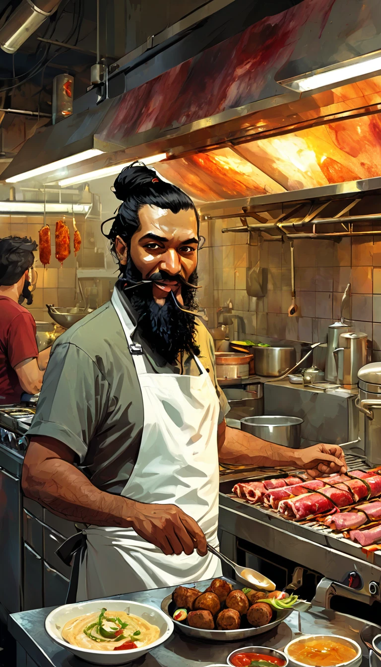Turkish man, black hair and beard, brown skin, dirty, disheveled, in a kebap kitchen, meat rolls cooking in a commercial kitchen with lots of other food, kebab, meat machine digital art inspired by Bill Sienkiewicz and Dave McKean
