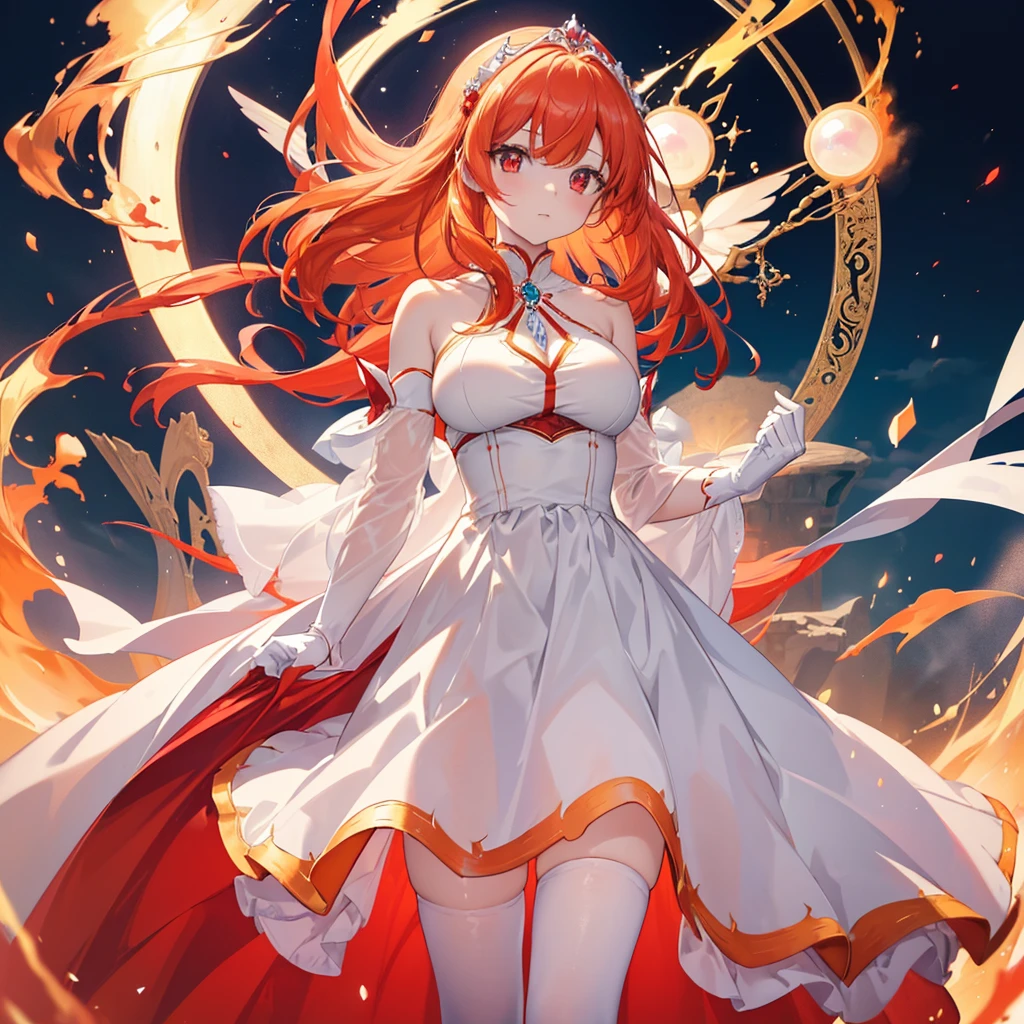((Ultra High Quality, Masterpiece, Isekai Style)) A girl with translucent white skin and bright crimson-red eyes with bright white pupils and long, straight, loose fiery red and orange hair. She is wearing an opal pearl tiara and wearing a white and red royal mage dress with orange and yellow tones in the outfit, she is wearing white satin gloves on her hands, she is wearing long white tights and red magic details up to her thigh. She is standing looking at the viewer with a gentle and slightly provocative look, behind her is a huge magic circle that simulates the fate of living beings.