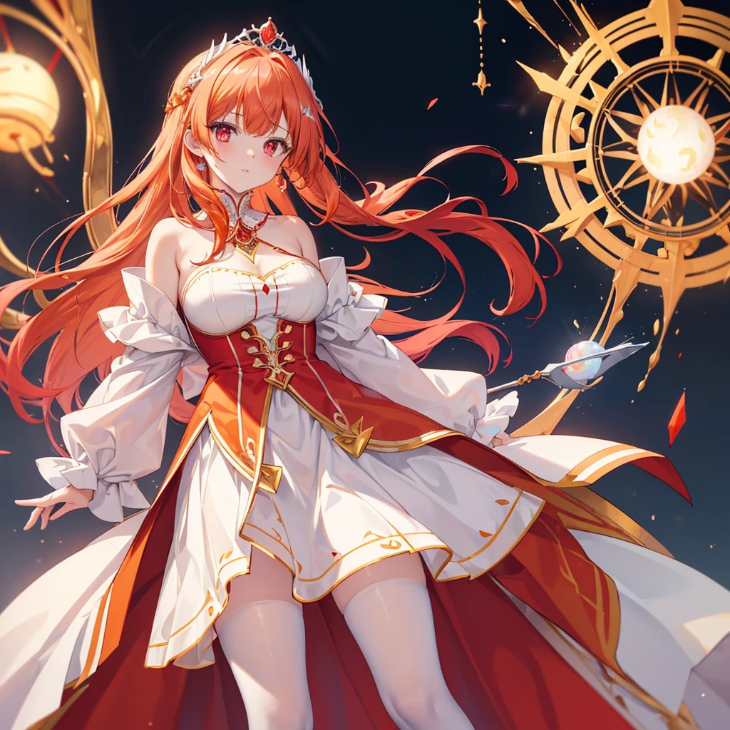 ((Ultra High Quality, Masterpiece, Isekai Style))A girl with translucent white skin and bright crimson-red eyes with bright white pupils and long, straight, loose fiery red and orange hair. She is wearing an opal pearl tiara and wearing a white and red royal mage dress with orange and yellow tones in the outfit, she is wearing white satin gloves on her hands, she is wearing long white tights and red magic details up to her thigh. She is standing looking at the viewer with a gentle and slightly provocative look, behind her is a huge magic circle that simulates the fate of living beings.