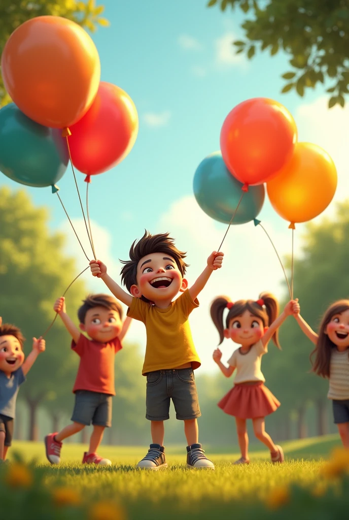 Max smiling and holding up a balloons smiled and said, “Flying is incredible, but nothing beats being with friends" to his friends in the park.And from that day on, Max and his friends played together with the balloons, dreaming of new adventures.