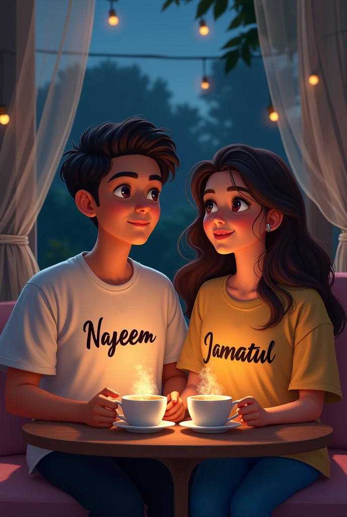 Nayeem and jannatul seating together. Nayeems shirt name is Nayeem and Jannatuls shirt name is Jannatul and they are drinking tea in the night