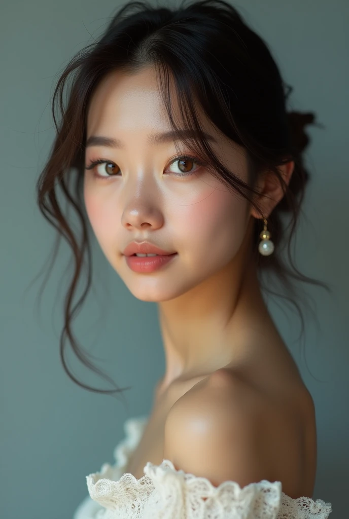 cinematic lighting、perfect、soft light、High resolution skin:1.2、realistic skin texture、3 year 18mature woman、small face、no makeup、Bust B Cup、、Detailed beautiful brown eyes、short hair、dark brown hair、cool beauty、gray background full body