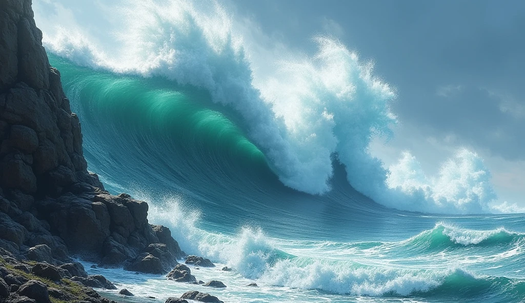 Very rough sea with very  high waves along the shore, bright sun