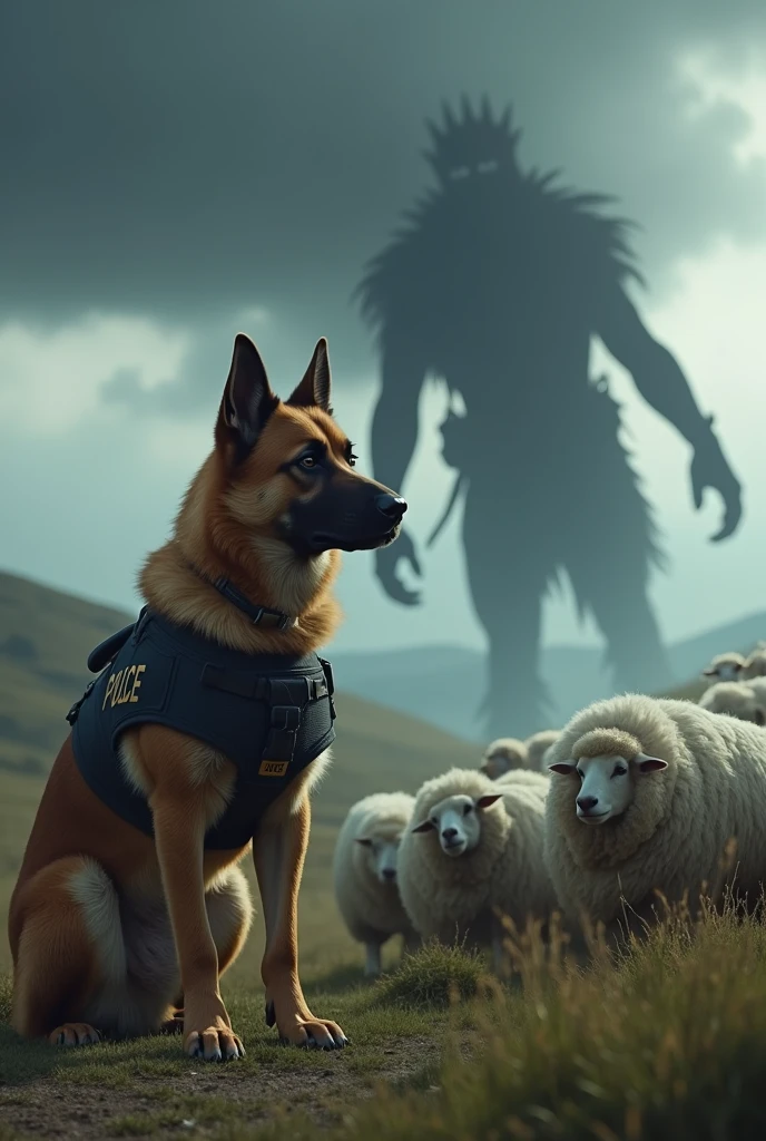 A police dog guarding sheep from a monster