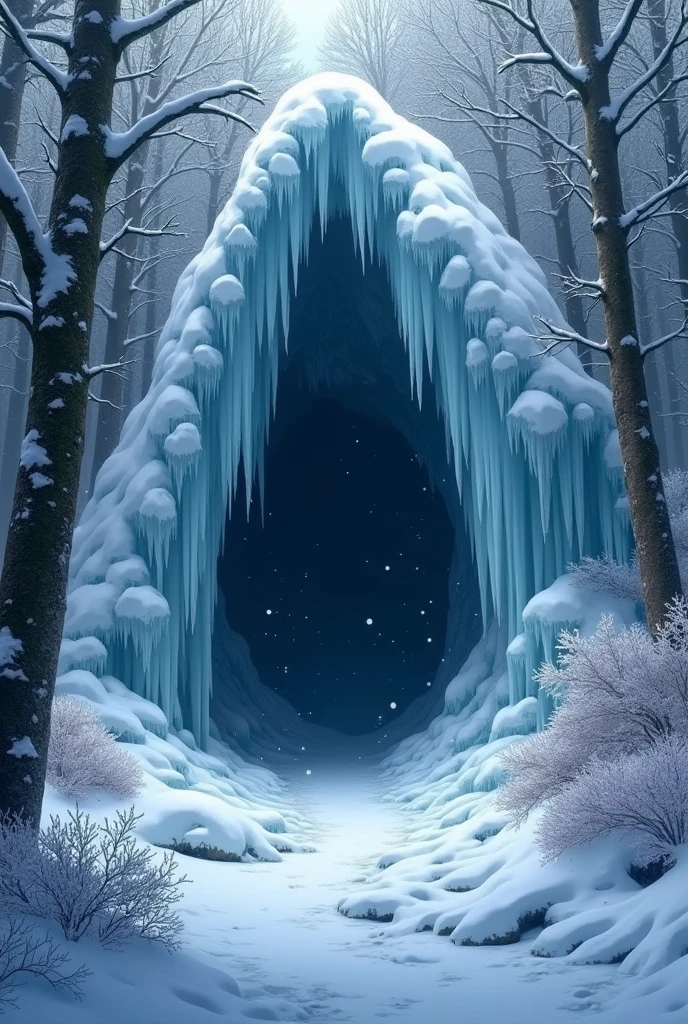 entrance to a cave in a snowy, icy forest