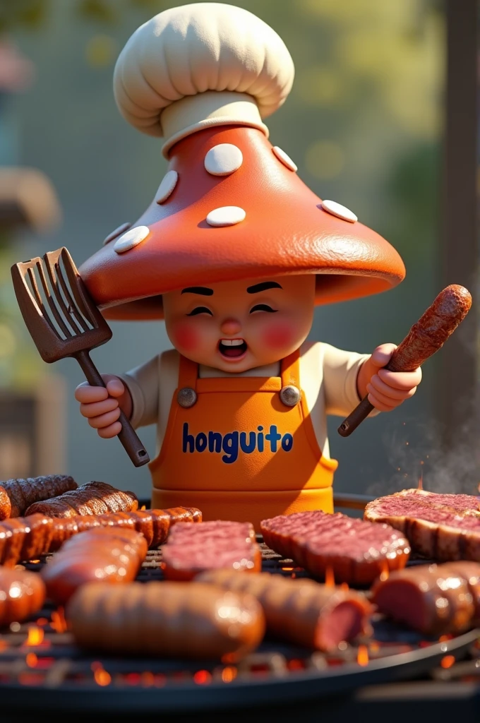 Realistic animated grill chef mushroom with grilling tools in orange with dark blue containing the word "honguito" roasting on a barbecue grill with chorizos, ribs and roast beef