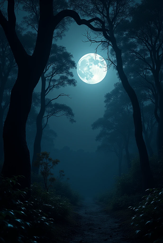 Night full moon at long with tree branches at dark