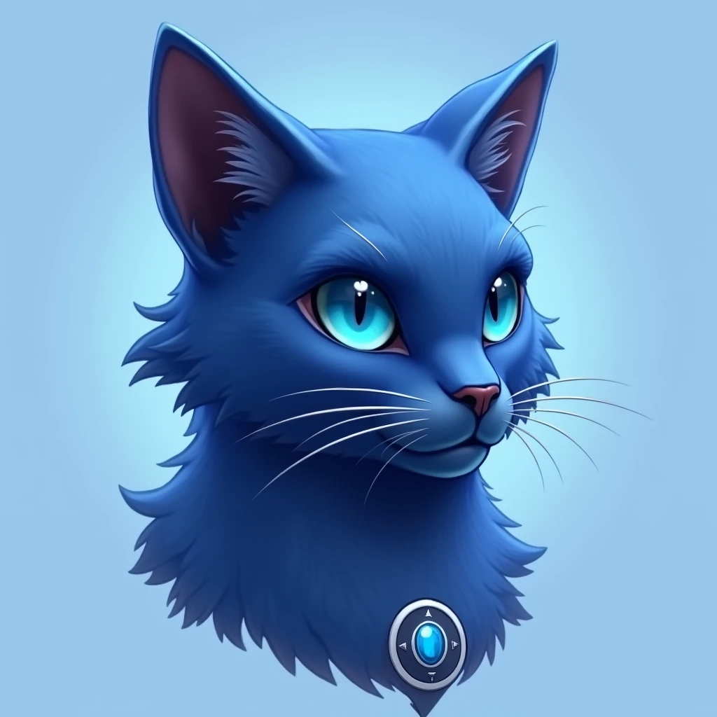 blue cat, cat inu, light blue background, head only, noble, bright blue eye, round logo,