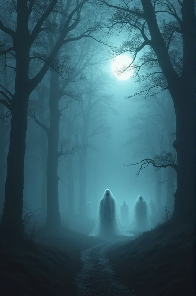 Night forest in fog with ghosts 