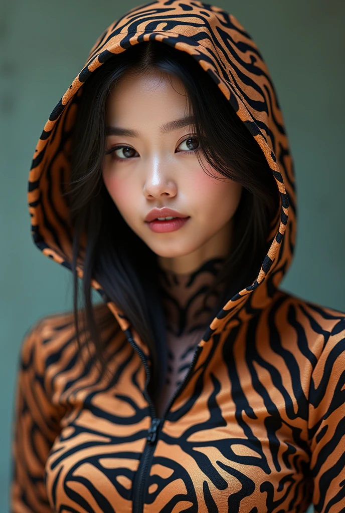 a most beautiful Chinese Asian woman named Cikgu Norzamani with zebra leopard print hijab wears zebra leopard print unitard catsuit.She always wear zebra leopard print hijab-like hood.