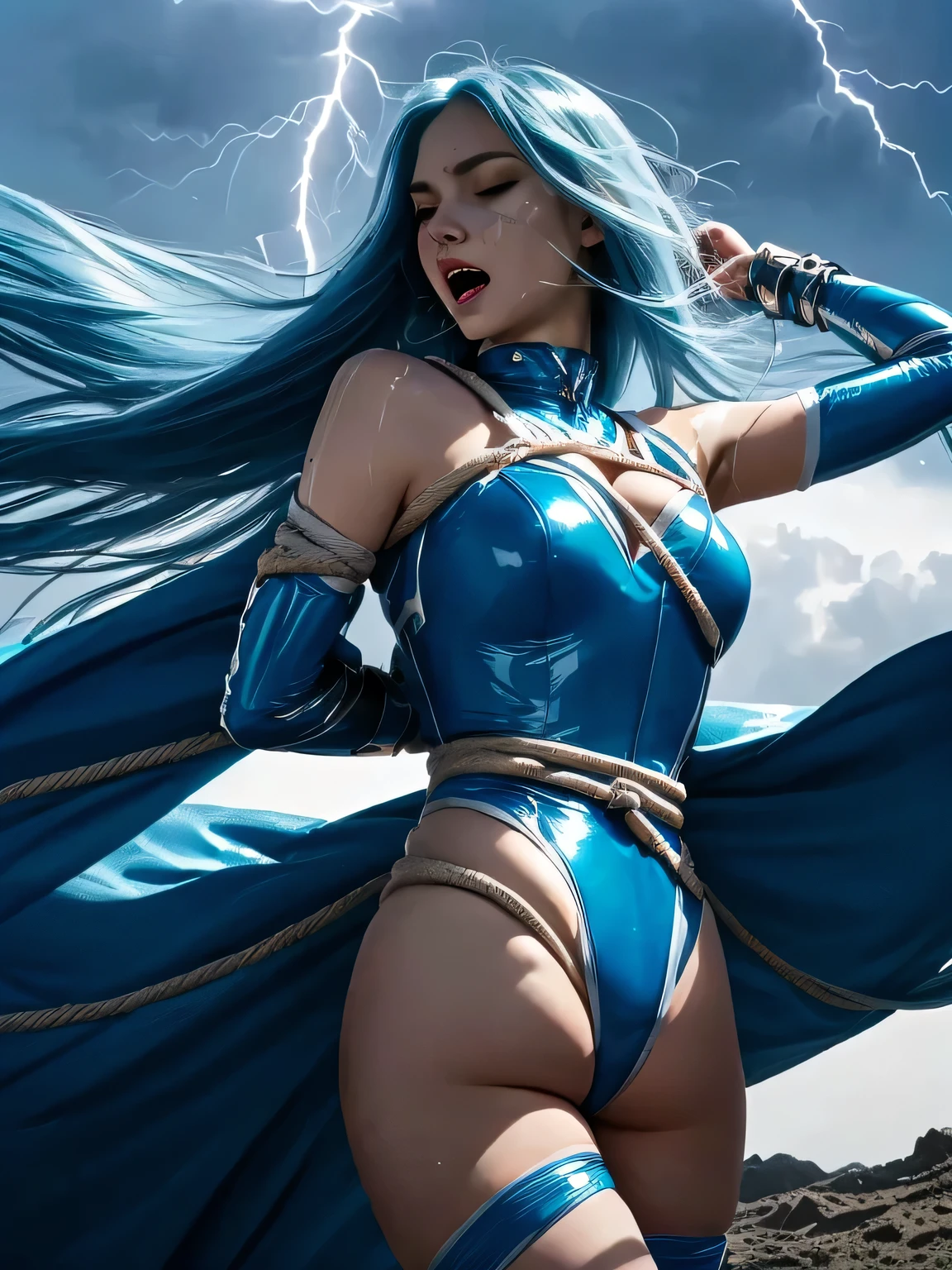 superheroine, long long gorgeous light blue hair, ((rough rope wrapped around body, tighten up)), latex, leotard, sky blue and white costume, captured, shibari, static restrained, ((arms behind back)), chained, rope bind, collared, cruelly, painful, helpless, humiliating, regrettable, being whipped,((screaming in pain)), falling body, eyes closed, running away, ((being struck by lightning directly)), lean back, body lying down, body fall down, floating in air, full body shot, in alien land, bondage