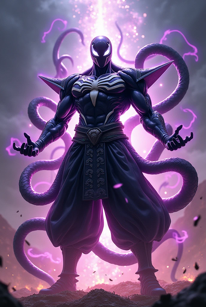 Draw a fusion of Venom and Samurai。High proportion of Frieza。Super Saiyan、Purple