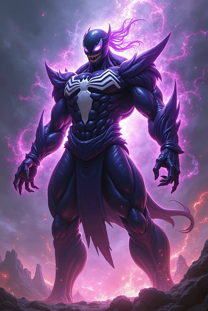 Draw a fusion between Venom and Frieza from Dragon Ball。High proportion of Frieza。Super Saiyan、Purple