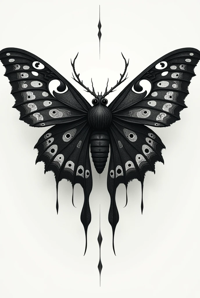 scared night butterfly with black and white color, tattoo, gothic, sacred geometry moth, square format, no background, png, simple graphic, toxic style, art style, logo, used for studio
