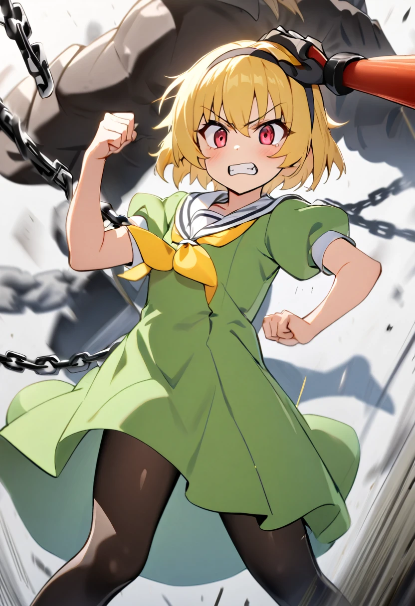 (chain), (chain Focus), (Weapon), houjou_Satoko, 1girl, 独奏, blonde,short hair,hair band,Red eyes,teeth,Green Dress,White sailor collar,Yellow neckerchief,Short sleeve,Puff sleeves,Black Pantyhose,Flat Chest, headpat, Action pose, Deathblow, Swinging a chain