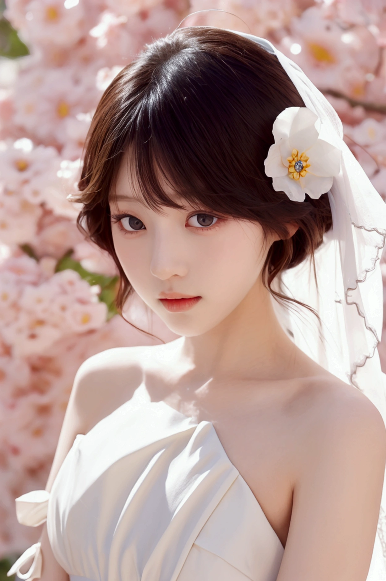 Furina Genshin Impact, one person, flowers background, use white wedding dress