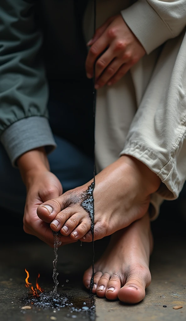 A split-image photograph in 8K resolution, created with a 100mm lens. The right side features a 1 Asian son massaging his beautiful mother's foot. The mother's face is not visible. On the left side, a man’s worn and sweaty feet, with unhealed cuts, cracks, and poorly broken old slippers, are captured in motion as he walks. Sweat drops fall to the ground from his feet, illustrating his hard work. Between the two images is a black-and-white paper fire transition, blending the scenes. The right side should evoke a soft, nurturing emotion with a rose-like theme, while the left side conveys hard, raw emotion."