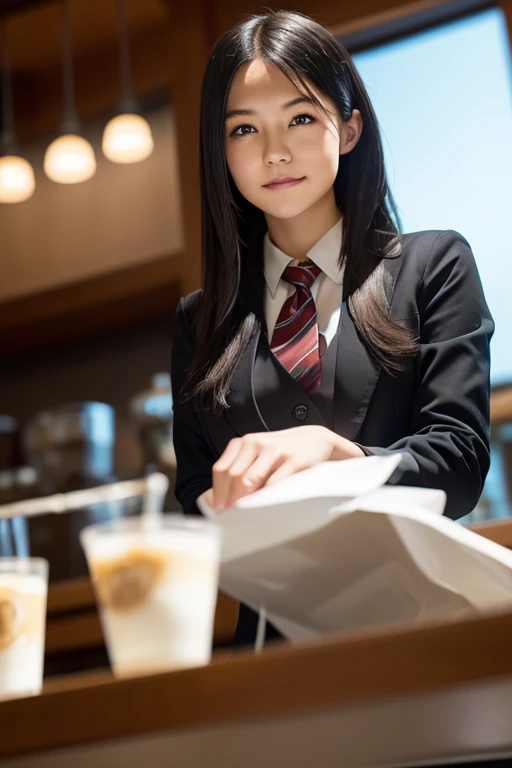 (8k, RAW photo, best quality, masterpiece), (photorealistic), outstanding details, ultra-high resolution, anatomically correct, textured skin, (Extremely precise and accurate ???????),
Ultra Detailed Face, Detailed Eyes,
1 Girl, barista uniform, forehead, pulled back hair,
(Cute Japanese girl , 20-year-old), light smile,
cinematic lighting in the hair, hair light, wind in the hair,
(open cafe),
(backlighting),
(reflection light from below:1.4),
atmospheric perspective, depth of field,
(dramatic lighting), cinematic lighting,
