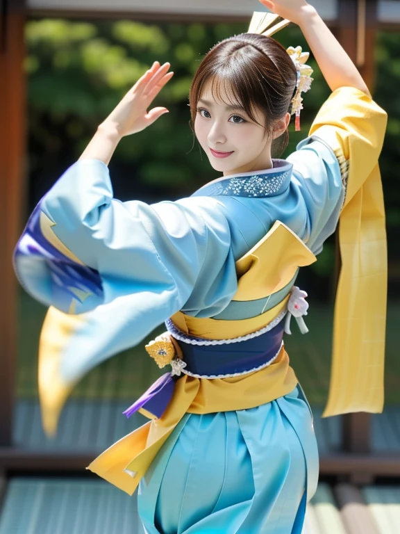 Photo-realistic quality、A woman in a blue and yellow kimono is dancing the Awa Odori dance, Traditional Japanese, Portrait Shot, TraditionalなJapanの着物,  Traditional, Beautiful images, Japan, Traditional costume, Wear a kimono, Japanese woman, Japaneese style、