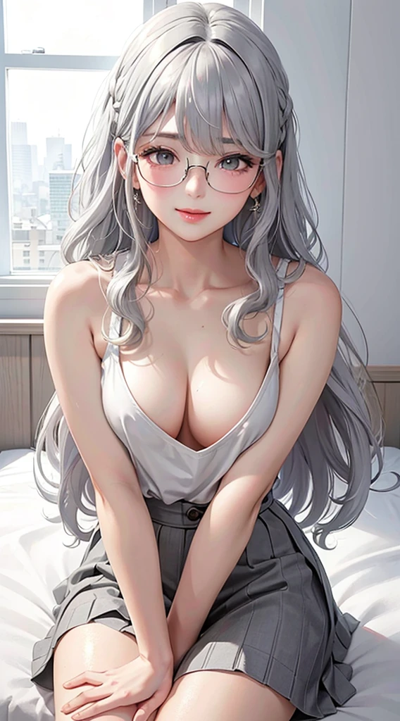 1Girl, Solo, Anime, Ideal body, down blouse, (Small breast:1.1), (Hard nipples:1.1). Beautiful, Gorgeous, Fresh, Blunt Bangs, (White Grey Hair:1.5),(Straight and Wavy Long Hair:1.3), casual, eyeglasses, skirt, Comfort, cotton Texture. (Sit on bed:1.3). Earrings, Thin Black Headband, Green Accessories, Environmental Details, Bed Room, Natural Light, Modern Bed, Chair, Window, White Curtain, City View. pov, anime style, UHD, retina, masterpiece, accurate, anatomically correct, textured skin. High Resolution, Looking at the viewer, Blush, Best Quality, Award Winning, Accurate, Embarrassed, seductive smile, sweating, Naughty Face, Naughty, Gradient Eye Color, Sexy Pose. Cowboy Shot, licking lips, high class. 