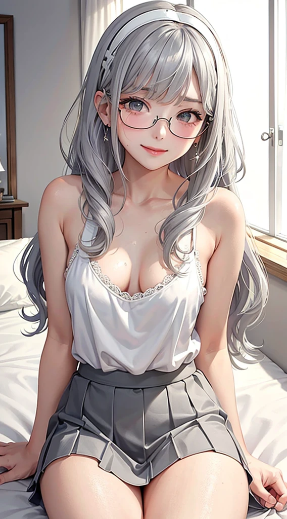 1Girl, Solo, Anime, Ideal body, down blouse, (Small breast:1.1), (Hard nipples:1.1). Beautiful, Gorgeous, Fresh, Blunt Bangs, (White Grey Hair:1.5),(Straight and Wavy Long Hair:1.3), casual, eyeglasses, skirt, Comfort, cotton Texture. (Sit on bed:1.3). Earrings, Thin Black Headband, Green Accessories, Environmental Details, Bed Room, Natural Light, Modern Bed, Chair, Window, White Curtain, City View. pov, anime style, UHD, retina, masterpiece, accurate, anatomically correct, textured skin. High Resolution, Looking at the viewer, Blush, Best Quality, Award Winning, Accurate, Embarrassed, seductive smile, sweating, Naughty Face, Naughty, Gradient Eye Color, Sexy Pose. Cowboy Shot, licking lips, high class. 