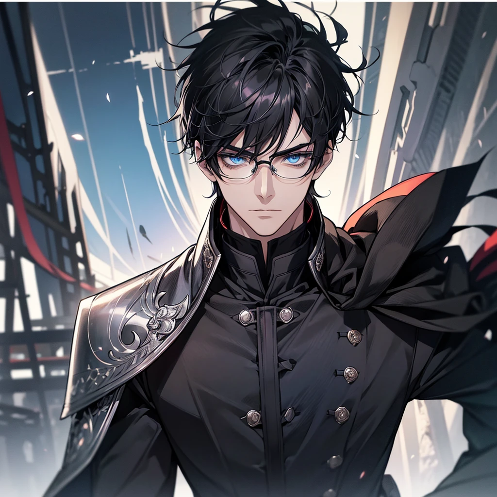 Masterpiece, High quality, Portrait, anime style, Sole seller,3 young man, หน้าตาhandsome, glowing eyes, Tall anime guy with blue eyes., black short hair, ((blue eyes)),Wearing silver-rimmed glasses, ((short black hair)), [Thick eyebrows], ((black long coat)), ((all black)), (blue eyes) , handsome , Facial expressions,Carrying a sword,Black sword handle, black knight armor , black fur shawl(Masterpiece,best quality,special, (Broad shoulders)) (muscle),The background is the sea.,on the boat