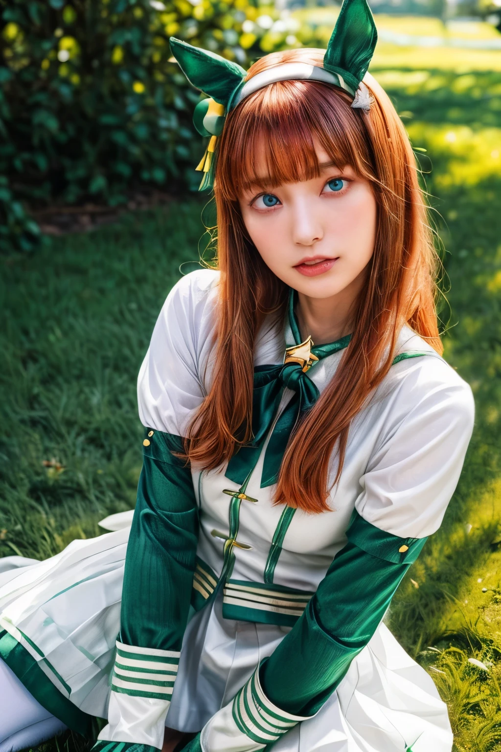 (realistic, photo-realistic:1.4), (masterpiece, best quality:1.2), RAW photo, high resolution, intricate details, extremely detailed, sharp focus, solo, 1girl, a 30s Japanese woman, (aasuzuka, long hair, ginger hair, animal ears, ear covers, white hairband, horse tail, green sailor collar, black bow, white shirt, layered sleeves, green sleeves, black gloves, white skirt, black pantyhose:1.2), shoes, kneeling with spread legs, (detailed face, beautiful detailed eyes, beautiful pupils, sophisticated nose), pale skin, photo background, outdoors, grass,