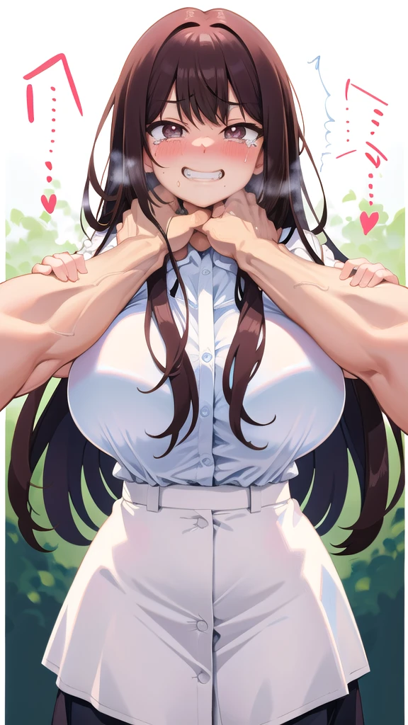 throw_strangle ,One person,One person,(throw:1.2),Huge breasts,tears,White shirt,Focus Only,Open your mouth,blush,risekujikawa,Grin,(Outdoor:1.2)