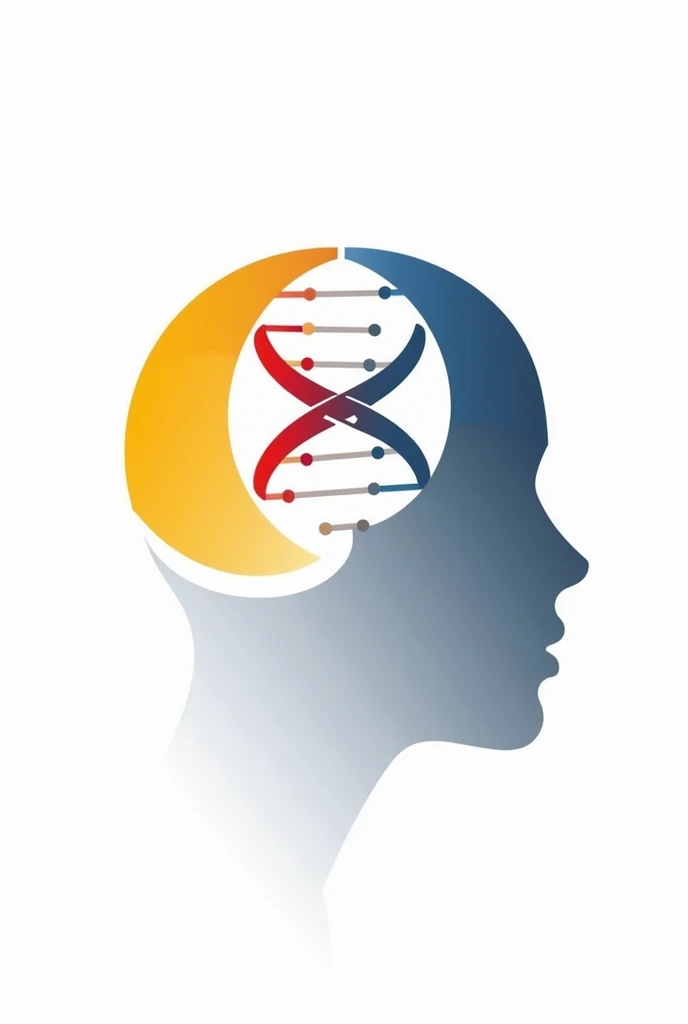 Create a logo image on a white background that includes a human head, DNA symbol and a xomoutadora chip, using yellow, blue and red colors