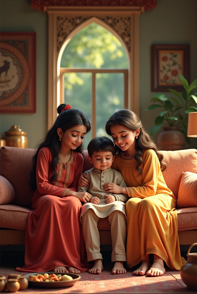A Pakistani family of two daughters and one son on sofa