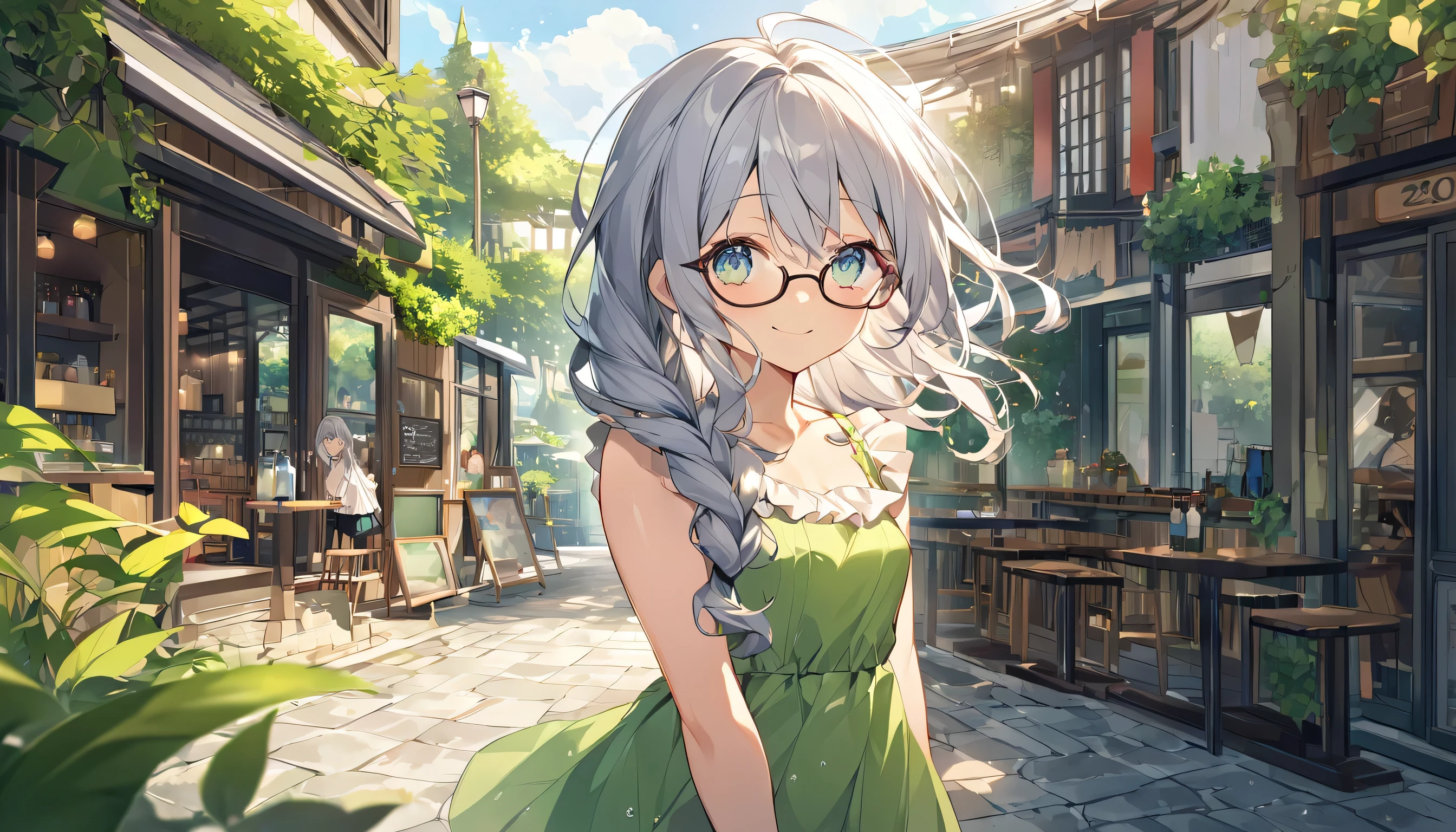 High-quality illustrations、Draw the whole body、Curly long hair with glasses、Loose braided hair、A cute girl in her 20s with a baby face。Small breasts、Cute clothes、The location is an outdoor cafe surrounded by greenery.。smile、Draw women slightly larger、Beautiful breasts、Baby Face、skirt、A little sheer underwear、Silver Hair、Grey Hair、Slim body、Watery eyes、Looking this way, he is happy.、I&#39;m not wearing anything on my head、Ahoge、丸くBeautiful breasts、smile、Brasilia、Messy Hair、Plump thighs、Absolute area、Highest quality, Very detailed, Attention to detail, masterpiece:1.2,