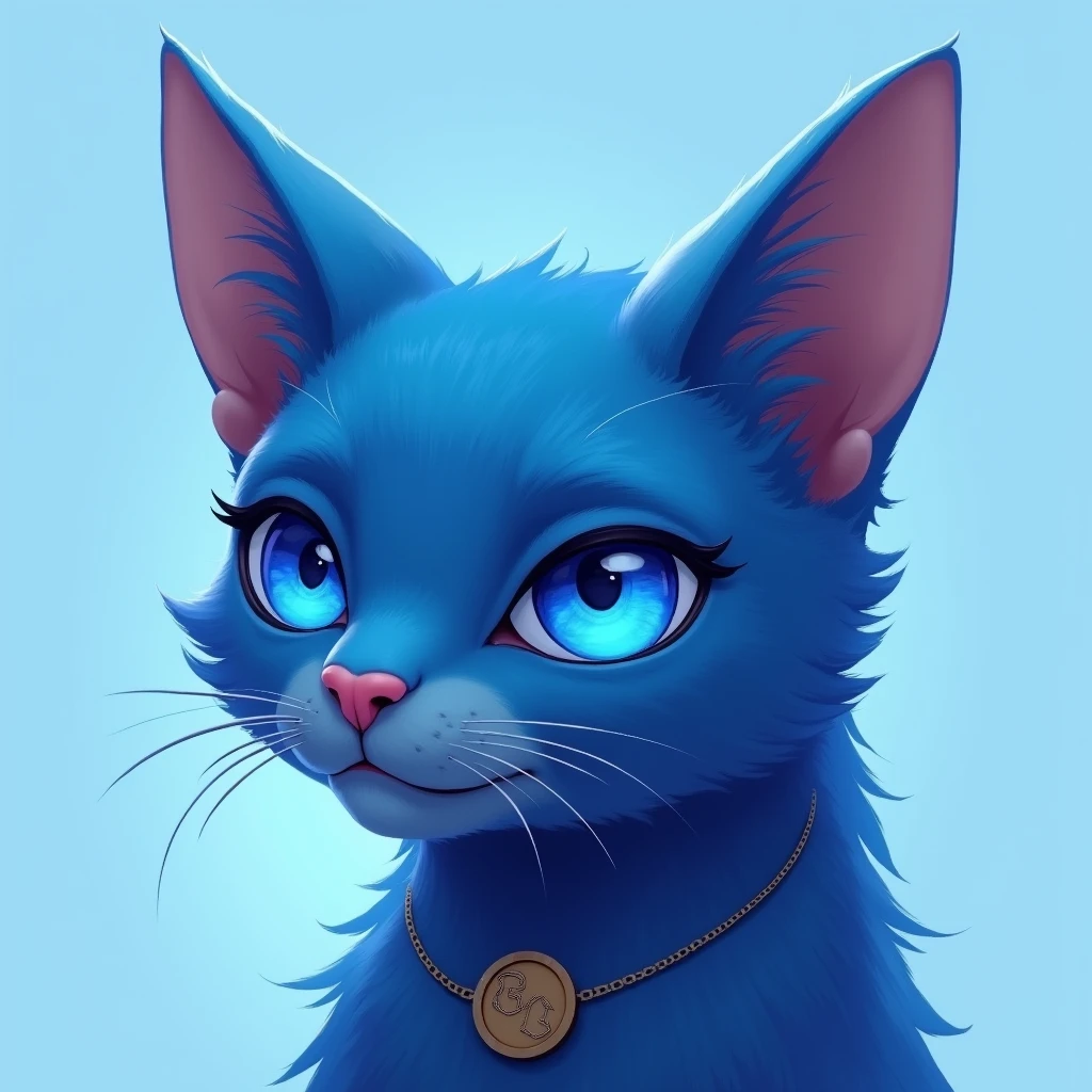 blue cat, cat inu, light blue background, head only, noble, bright blue eye, round logo, 