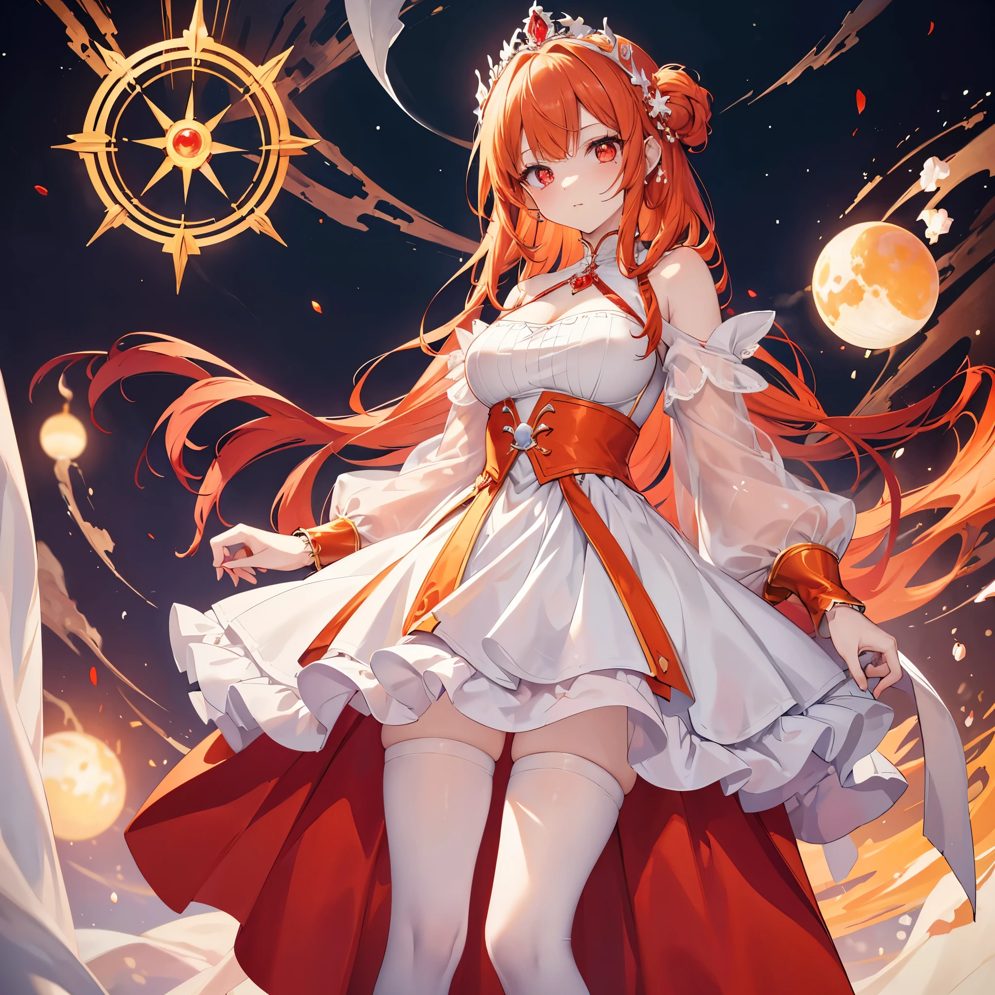 ((Ultra High Quality, Masterpiece, Isekai Style))A girl with translucent white skin and bright crimson-red eyes with bright white pupils and long, straight, loose fiery red and orange hair. She is wearing an opal pearl tiara and wearing a white and red royal mage dress with orange and yellow tones in the outfit, she is wearing white satin gloves on her hands, she is wearing long white tights and red magic details up to her thigh. She is standing looking at the viewer with a gentle and slightly provocative look, behind her is a huge magic circle that simulates the fate of living beings.