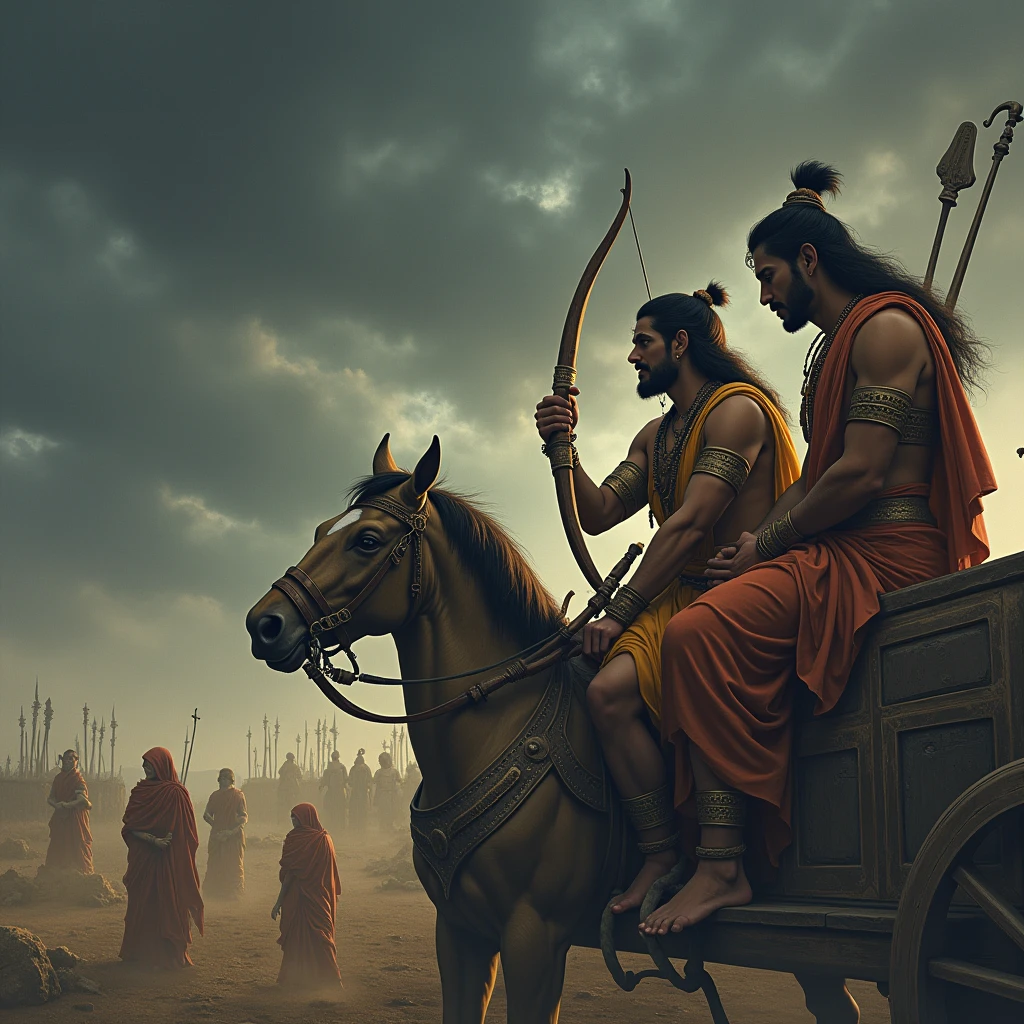 Depict Arjuna in his chariot, holding his bow but with a look of deep sorrow and contemplation. In the background, the battlefield is filled with faint, ghostly images of broken families, with women and children grieving, symbolizing the destruction of family lineage. Krishna stands beside him, listening intently, his expression calm yet serious. The sky above them is dark and turbulent, reflecting the inner turmoil and the awareness of the grave sin Arjuna fears. The landscape around them is desolate, with scattered symbols of family and tradition, emphasizing the heavy consequences of war on family bonds."