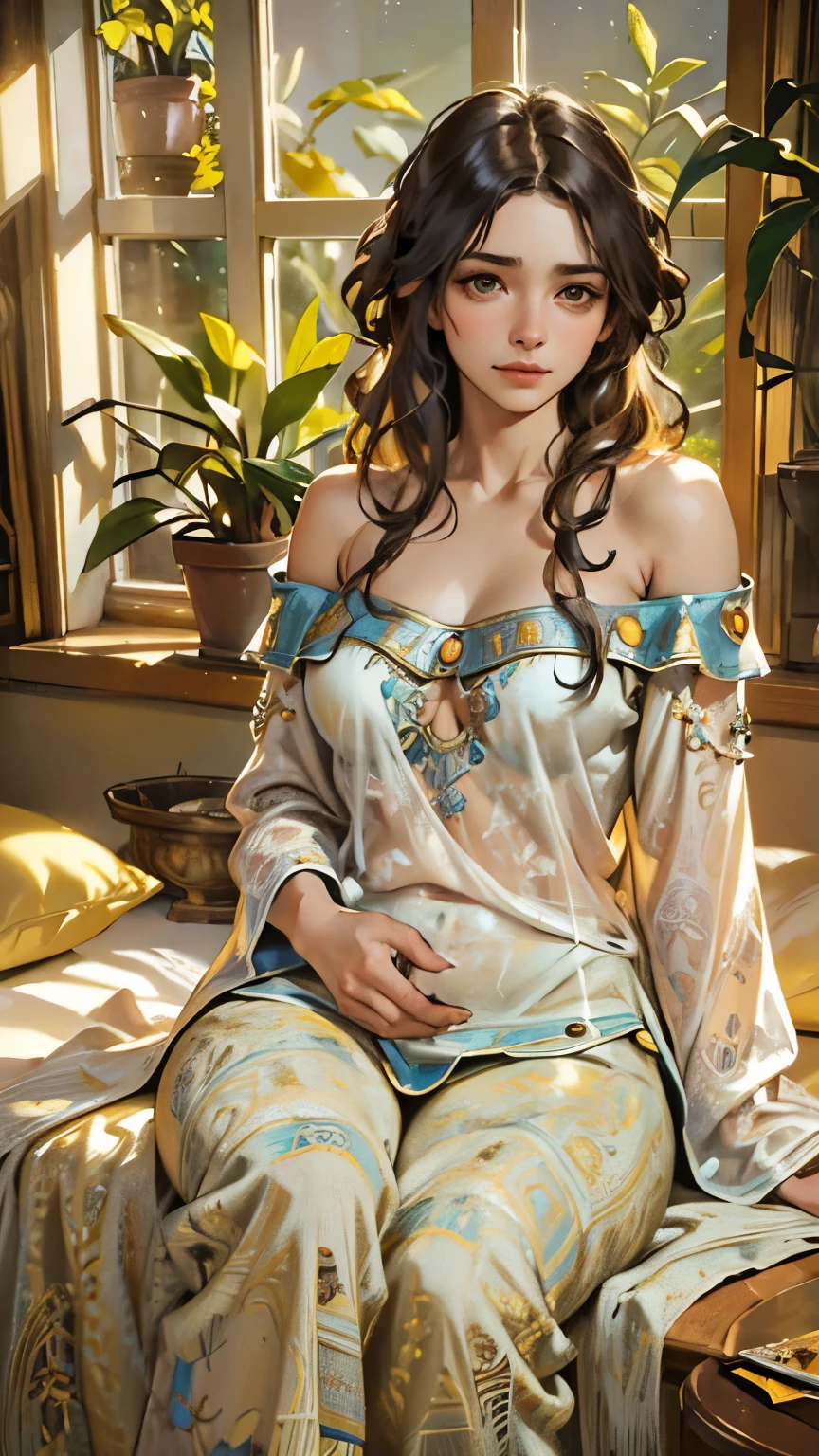 (photorealism:1.2), beautiful woman, sitting on bed, wearing loose off-shoulder top, pajama pants, long curly hair, indoors, soft lighting, plants in background, window with sunlight, cozy room, relaxed pose, realistic, intricate details, warm colors, by Greg Rutkowski, by Alphonse Mucha, transparent