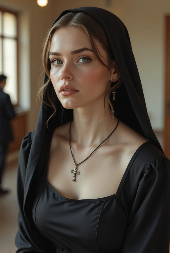 A Polish female university student. She's wearing some modest apparel because she's Catholic. She has ample chest and feminine feature. She's 20 years old.