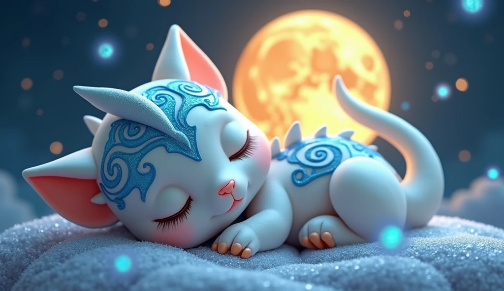 A sleeping magical creature, resembling a cute baby dragon or cat hybrid. The creature has soft white fur, curled up in a peaceful slumber. Its body is round and chubby, with tiny wings folded against its sides. The face features a small pink nose and closed eyes with long lashes. Ornate, swirling patterns in shimmering blue adorn its forehead and ears, giving it an ethereal appearance.The creature is nestled on a sparkling, textured surface, perhaps crystal or ice. A large, glowing full moon fills the background, bathing the scene in a warm, golden light. The sky is a deep midnight blue, dotted with twinkling stars and wisps of clouds.Surrounding the sleeping creature are small, glowing blue orbs or bubbles, adding to the magical atmosphere. The overall color palette is dominated by shades of blue, white, and gold, creating a dreamy, nocturnal scene.The art style is highly detailed 3D rendering, with a focus on the creature's soft fur texture, the intricate patterns on its body, and the interplay of light and shadow. The lighting emphasizes the creature's cuddly form and the mystical ambiance of the setting.Position the creature curled up on its side, with its tail wrapped around its body and its head resting gently on its paws, conveying a sense of comfort and tranquility in its