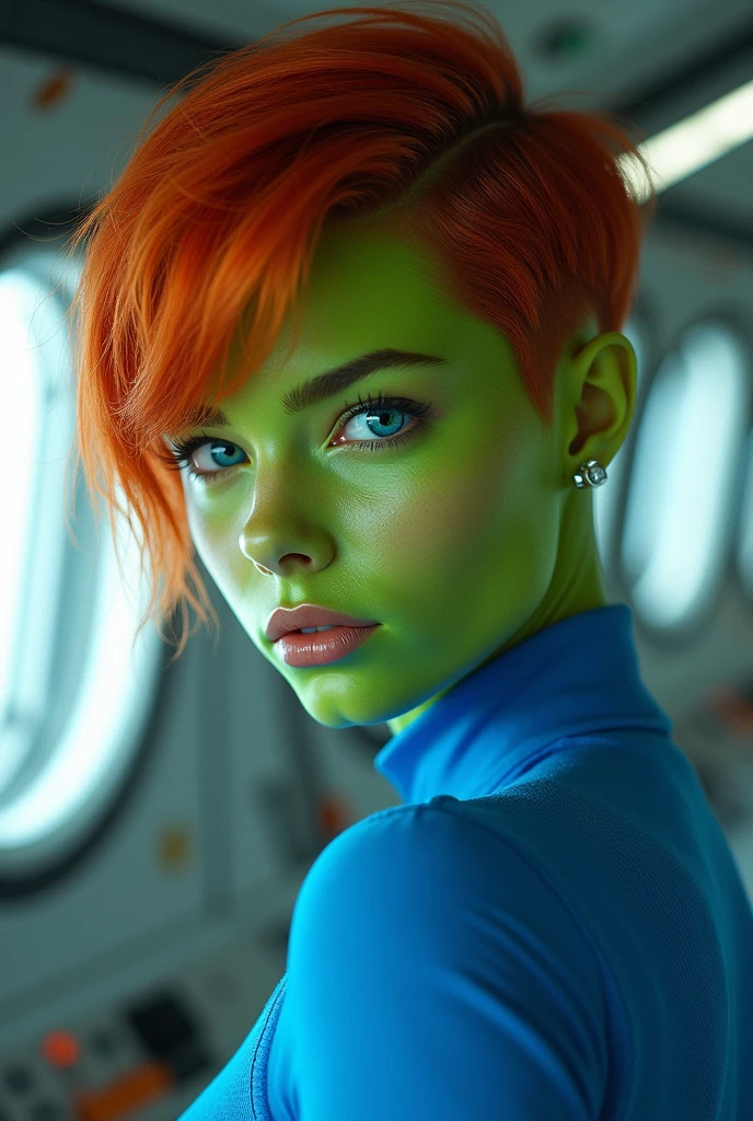 A green skinned girl, wearing a blue space shirt, spaceship interior background. Her eyes are blue. She has red short masculine hair. Beautiful detailed face