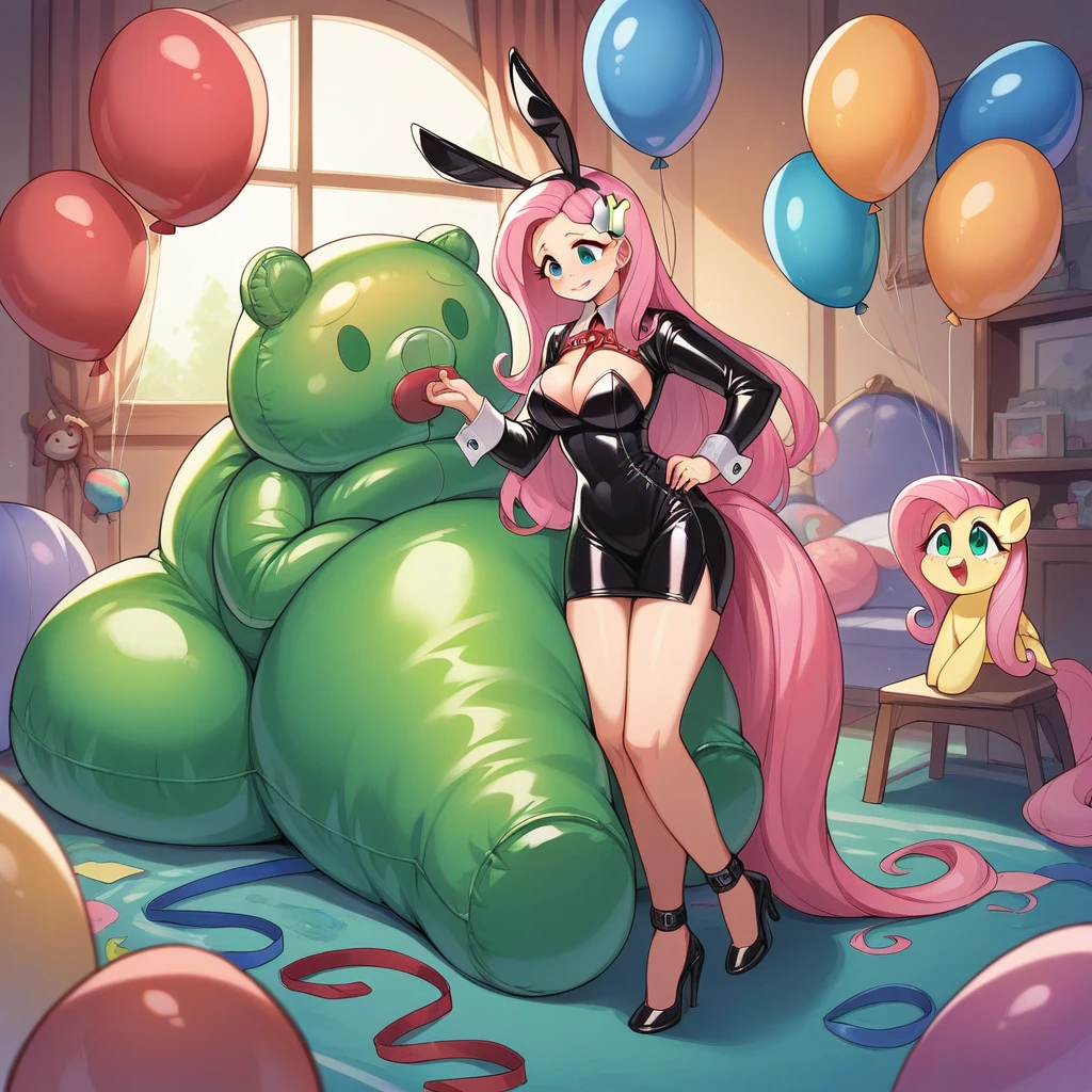 BDSM, colorful balloons, balloon fetish, inflatables, looner, femdom mistress mlpfluttershy in black latex dress and high heels walking the slave on a leash and in inflatable latex suit with inflatable collar and balloons suit, feet worship, medium naked thighs, medium breasts, hair ornament, fake bunny ears, perfect feet, balloons everywhere, huge inflatable toys around, inside inflatable room, inflatable balloon bondage, pear type of body shape, perfect face