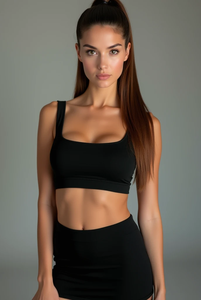 A very realistic and detailed photo of beautiful italian woman wearing black tight skirt and crop top, light makeup, realistic long straight brown hair, sleek ponytail, high quality photo 4k, very detailed, perfect fit, looking at the camera, detailed realistic face, detailed eyes, confident 