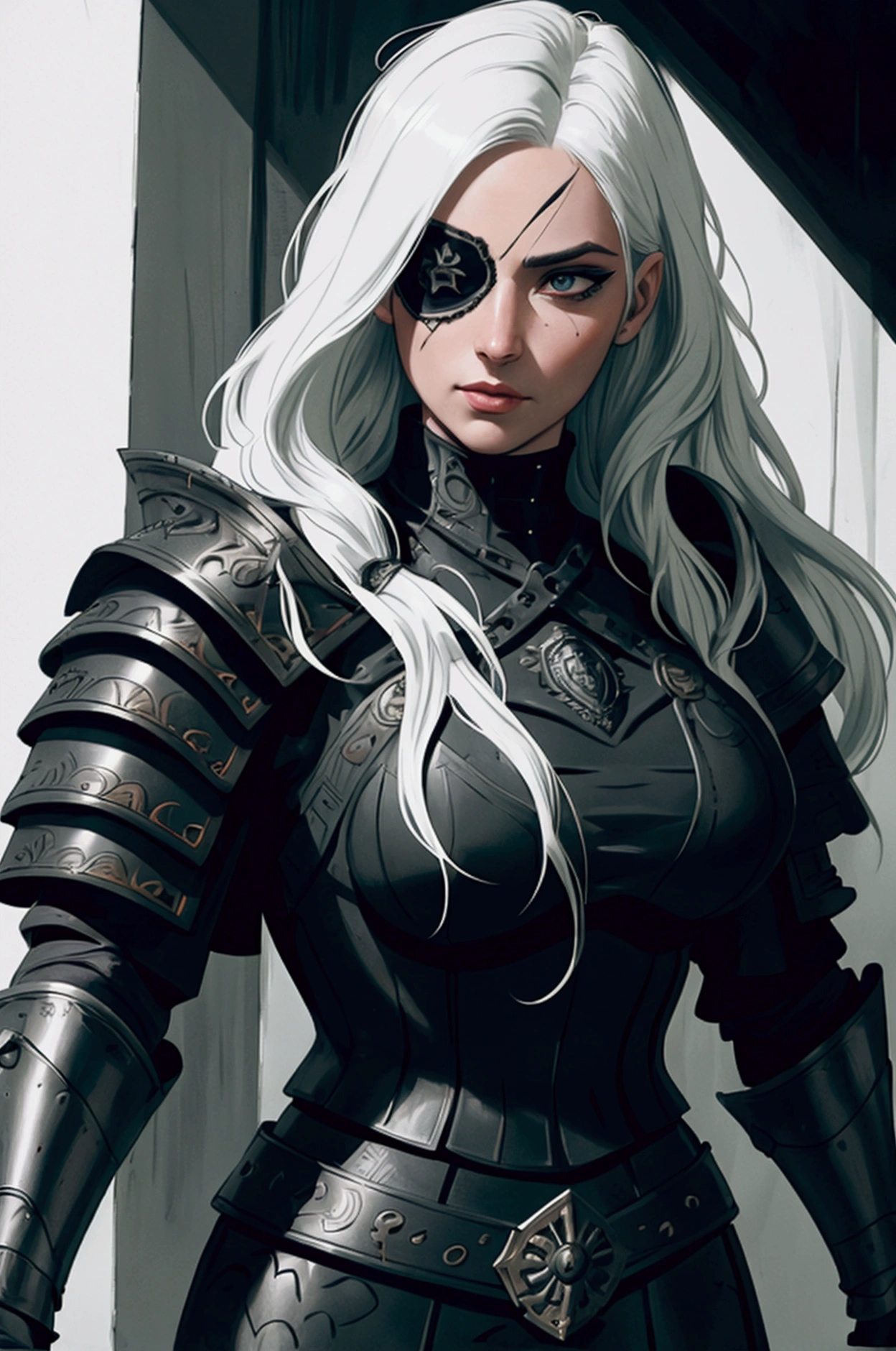 a woman with an eyepatch over one eye, detailed armor, Targaryen, black armor, medieval, intricate details, digital art, cinematic lighting, dramatic, elegant, powerful, mysterious, portrait, highly detailed, photorealistic, 8k, ultra detailed, hyperrealistic, octane render, artstation, ArtStation, concept art, sharp focus, studio lighting