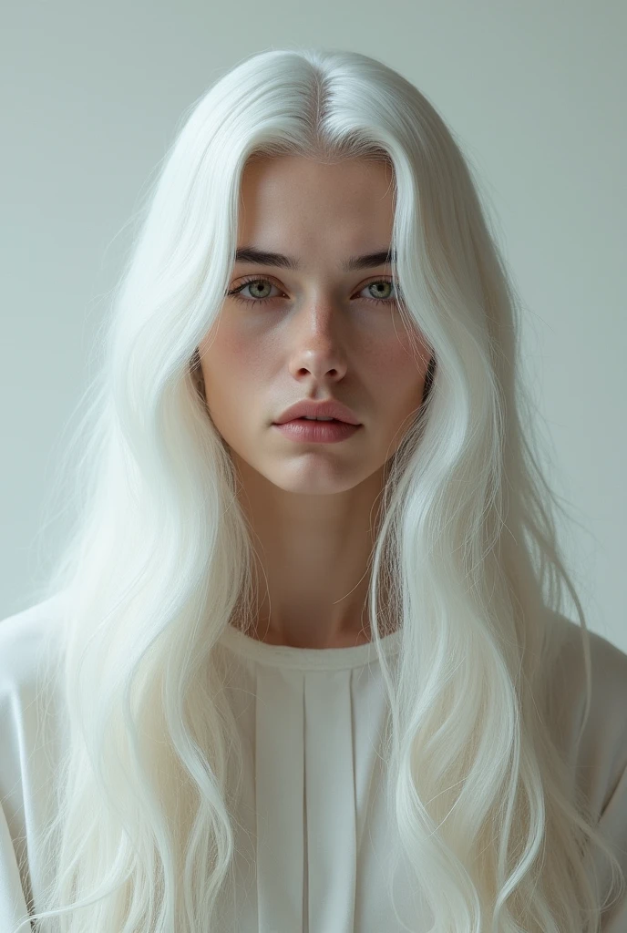 A long white hair man that look like a girl, have a bold face
