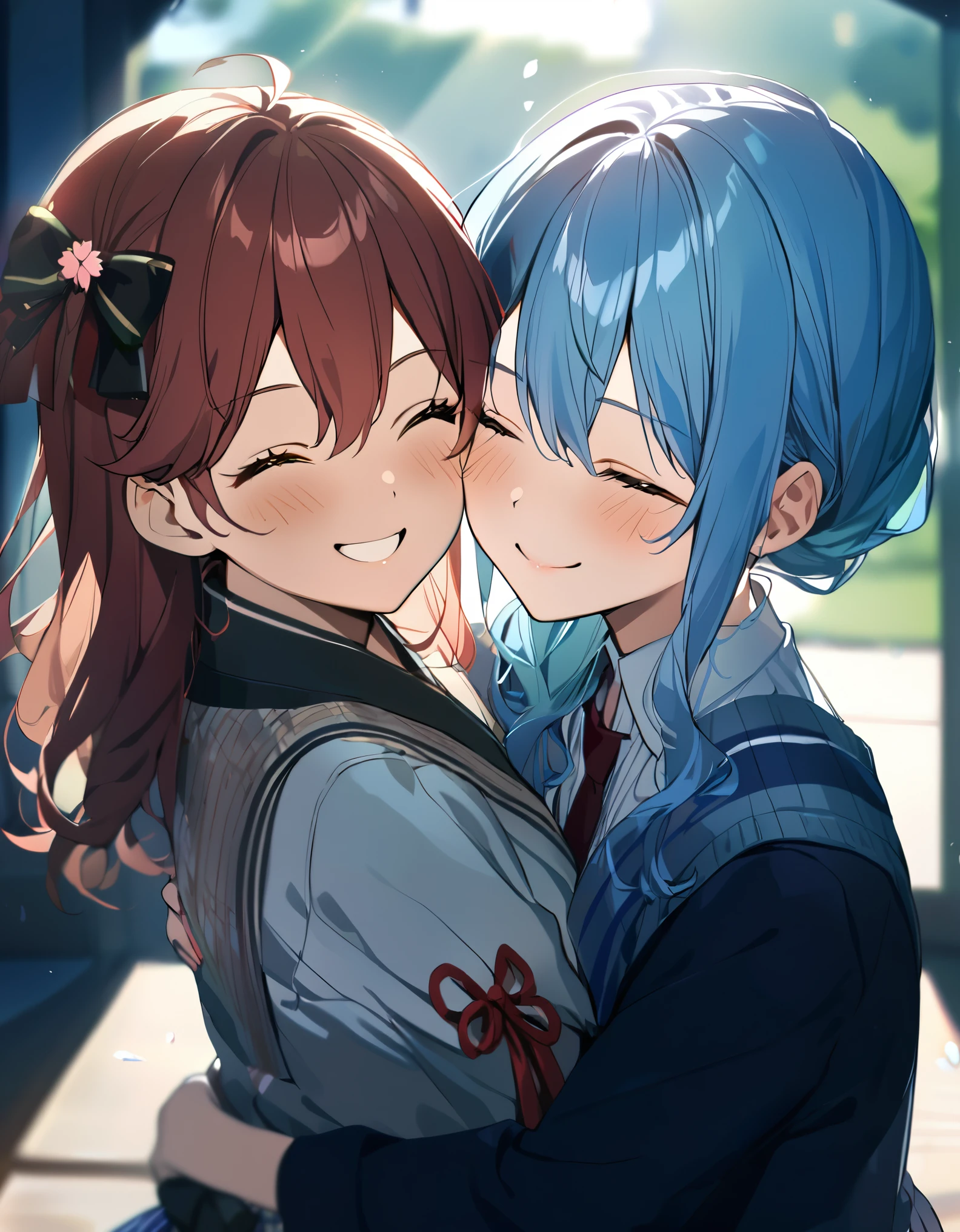(((2girls))), together, two people, masterpiece, best quality, integrated scenery, integrated background, extremely delicate and beautiful, meticulous details, good composition, closed_eyes, cute face, perfect face, perfect hands, fingernails, sakura miko, SakuraMiko, HoshimachiSuisei, hoshimachi suisei, blurry background, sunlight, light blush, ((school)), upper body, looking each other, smile, , (hugging each other),in_school,sunlight,kissing,happiness,