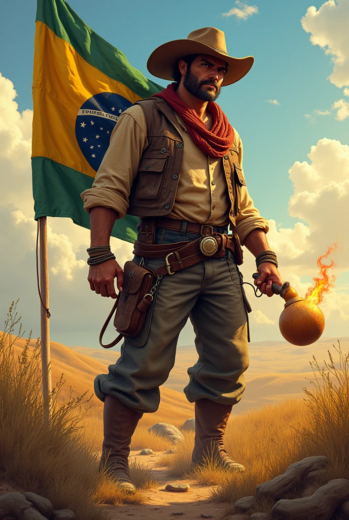 create a gaucho with the flag of Rio Grande do Sul on his back and a Creole flame in his hand and a gourd of chimarrão in the other 